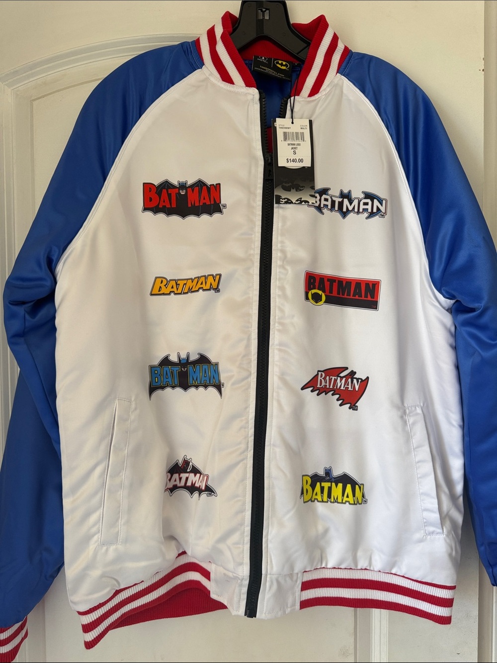 Batman White & Blue Logo Bomber Jacket with Red Trim